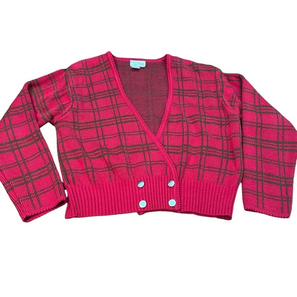 Vintage Christmas Plaid Four Button V Neck Knit Cardigan Medium - Picture 2 of 8